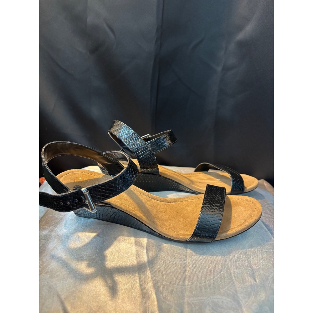 Chaps Black Faux Snakeskin Embossed Ankle Strap Wedge Sandals Womens Size 11M